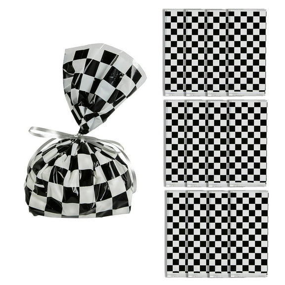 Fun Express 5" x 11 1/2" Black and White Checkered Cellophane Bags - 12 Pieces, Vacation Bible School Supplies