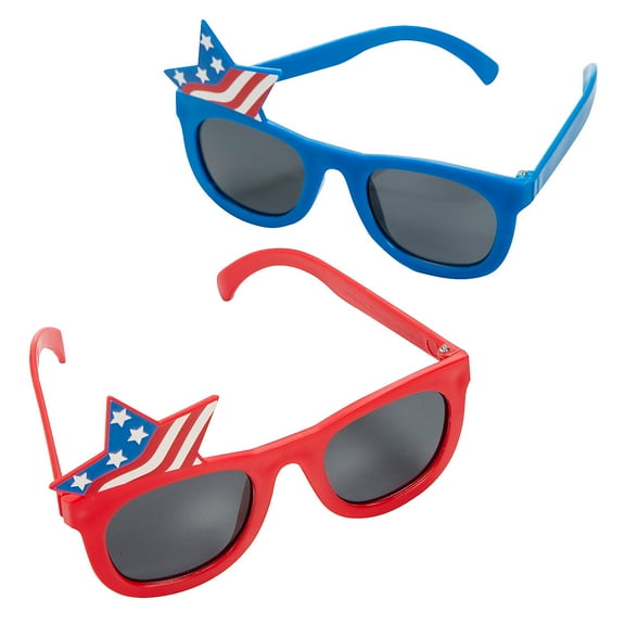 Fun Express 5" x 2 3/4" Kids Patriotic Star Red & Blue Plastic Novelty Sunglasses - 12 Pieces