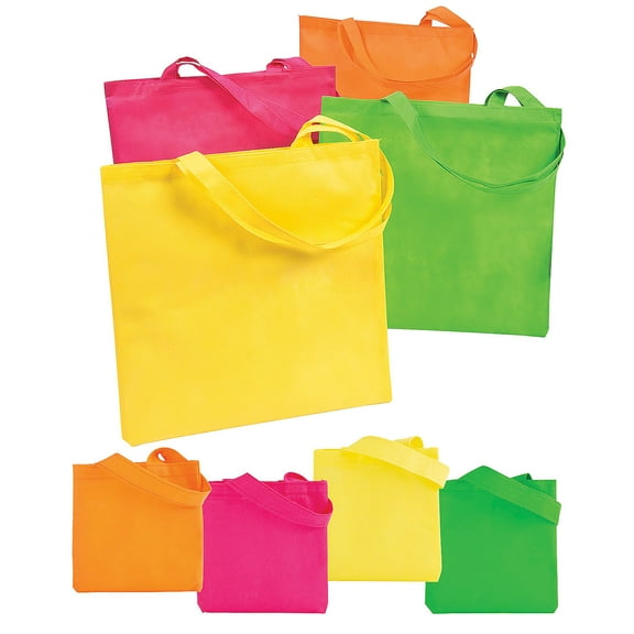 Fun Express 6" 17" Bulk 48 Pieces Bright Neon Nonwoven Tote Bag Assortment
