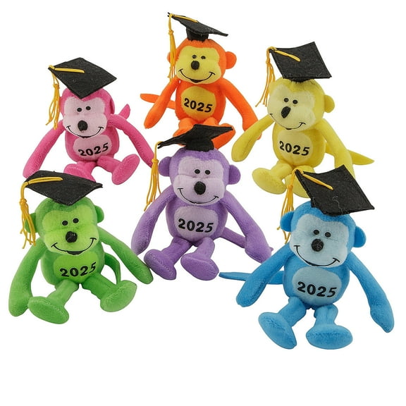 Fun Express 6" Class of 2025 Graduation Neon Multicolor Stuffed Monkeys - 12 Pieces