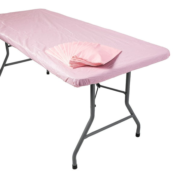 Fun Express 6 Ft. Light Pink Fitted Rectangle Plastic Tablecloths Bulk 12 Pieces