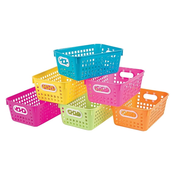 Fun Express 6 Pieces Neon Tall Plastic Storage Baskets with Handles, Classroom, Kids Room, Daycare, Montessori Sorting Bins
