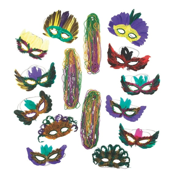 Fun Express 60 Pieces 32 Inch Mardi Gras Masquerade Mask And Bead Bulk Assortment For Parties, Parade Floats and more