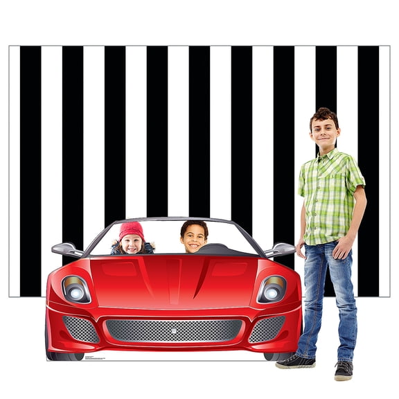 Fun Express 67" x 37" Red Sports Car with Black & White Striped Backdrop Kit - 4 Pieces