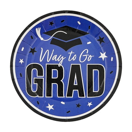 Fun Express 7 1/4" Blue Way to Go Grad Disposable Paper Dessert Plates - 25 Count