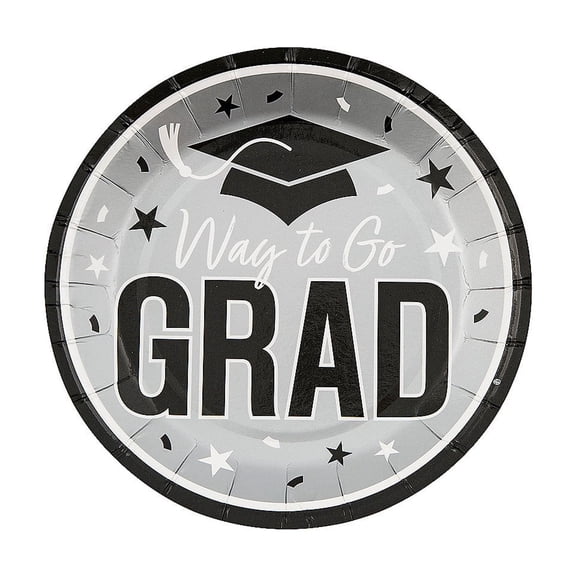 Fun Express 7 1/4" Silver Way to Go Grad Disposable Paper Dessert Plates - 25 Count