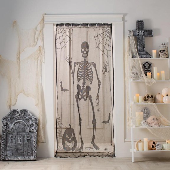 Fun Express 7 ft. Halloween Waving Skeleton, Bats & Spider Polyester Curtain