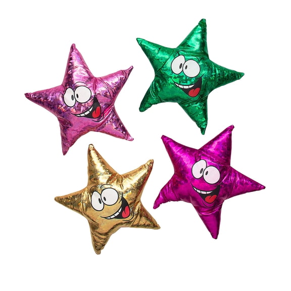 Fun Express 8 1/2" Colorful Metallic Gold, Pink & Green Stuffed Star Characters - 12 Pieces