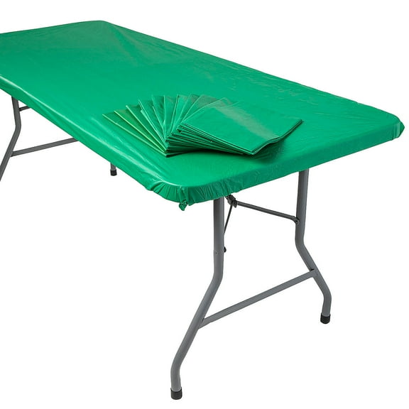 Fun Express 8 Ft. Green Fitted Plastic Tablecloths Bulk 12 Pieces