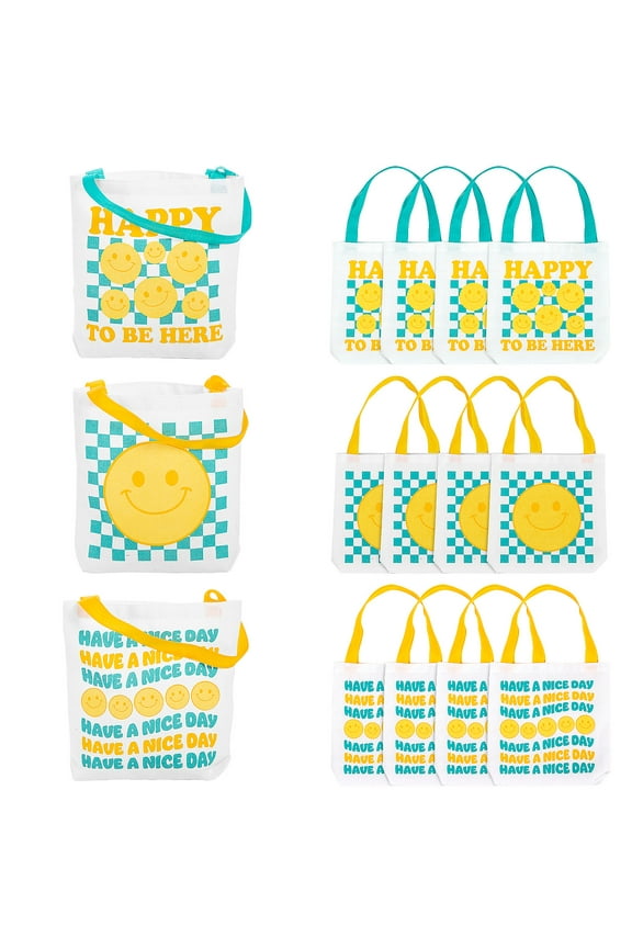 8" x 8" Mini Canvas Smile Face Tote Bag Assortment 12 Pieces