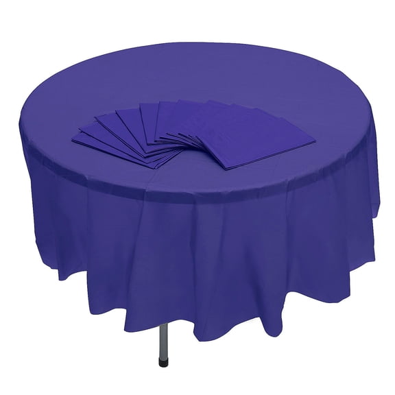 Fun Express 82" Bulk 12 Pieces Purple Banquet-Style Round Disposable Plastic Tablecloths