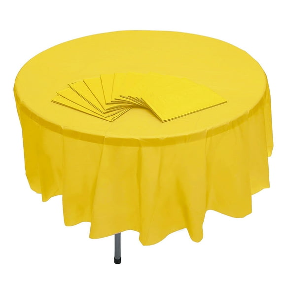 Fun Express 82" Bulk 12 Pieces Yellow Banquet-Style Disposable Round Plastic Tablecloths