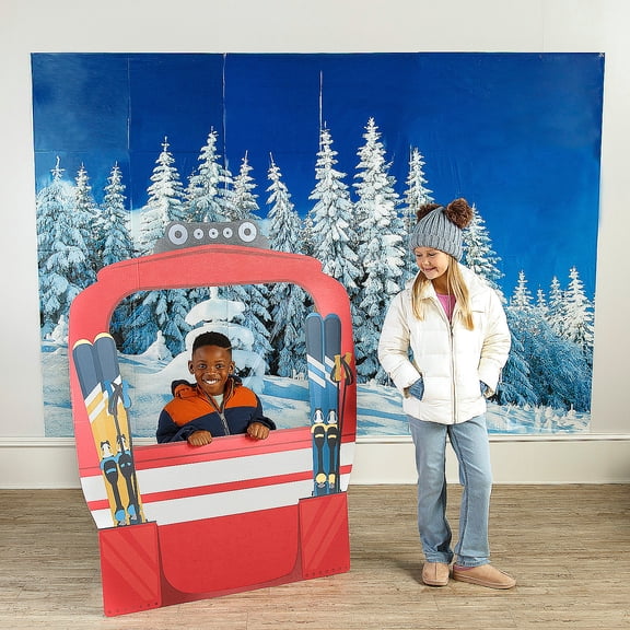 Fun Express 9 ft. x 6 ft. Ski Chalet Gondola & Snowy Trees Photobooth Backdrop Kit - 4 Pieces