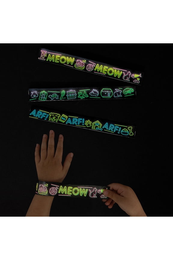 9" x 1" Glow-in-the-Dark Neon Pets Slap Bracelets - 12 Pieces