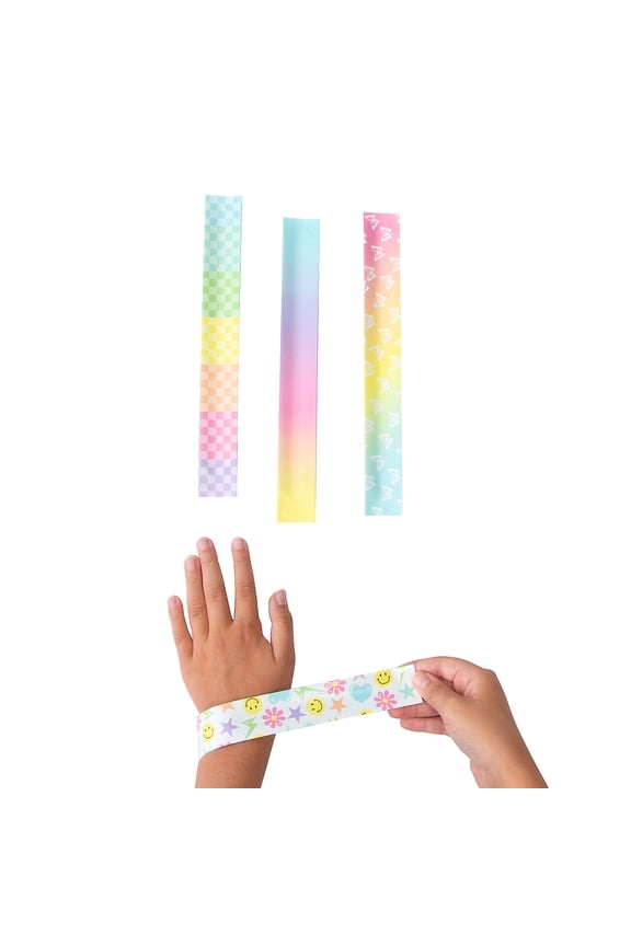 9" x 1" Pastel Rainbow Designs Slap Bracelet Assortment - 12 Pieces
