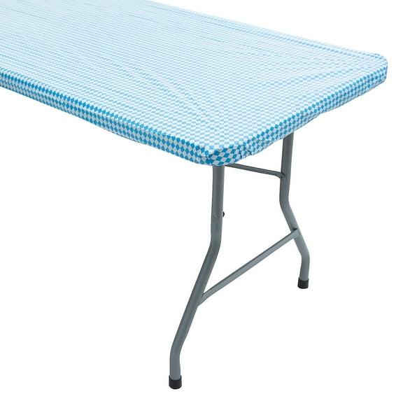 Fun Express Argyle Fitted Rectangle Disposable Plastic Tablecloth Blue & White, 6 Ft