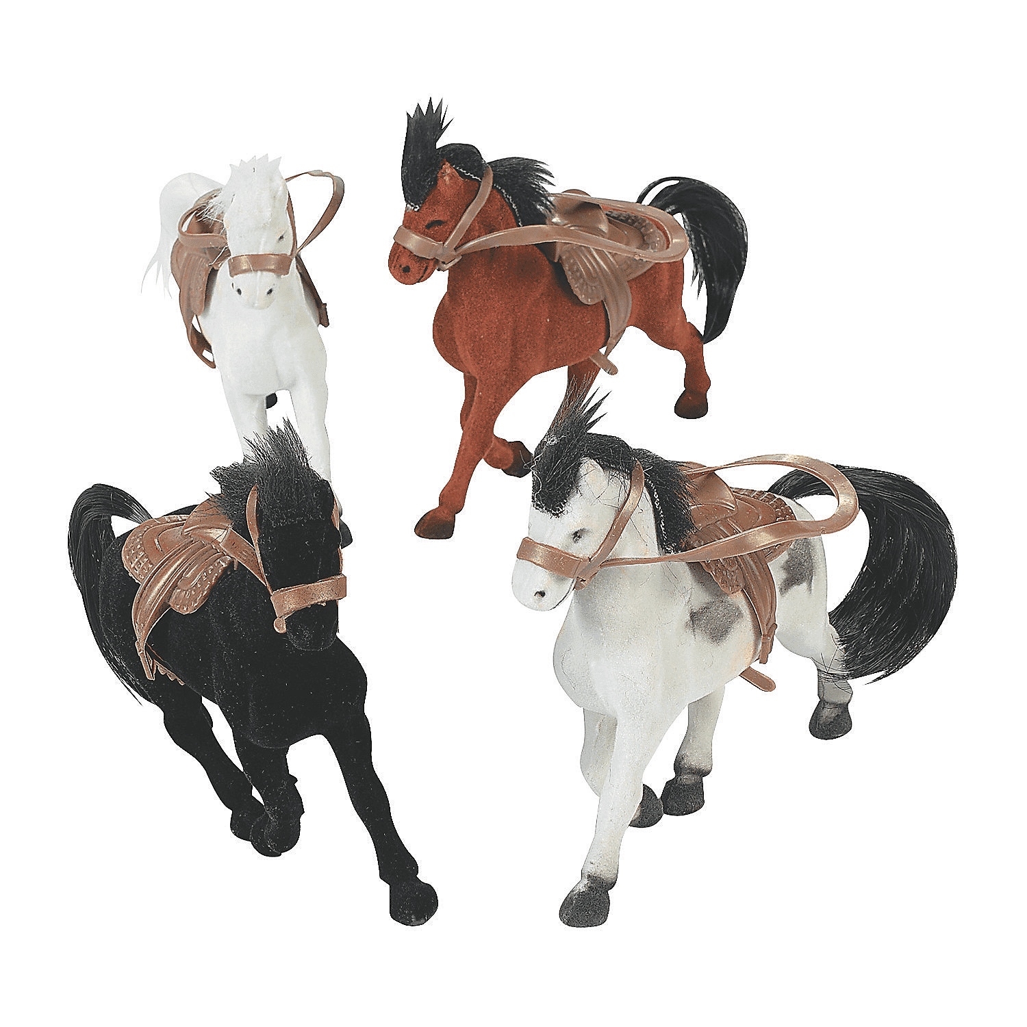 Set of 4 Multicolor Flocked Toy Horses with Saddles