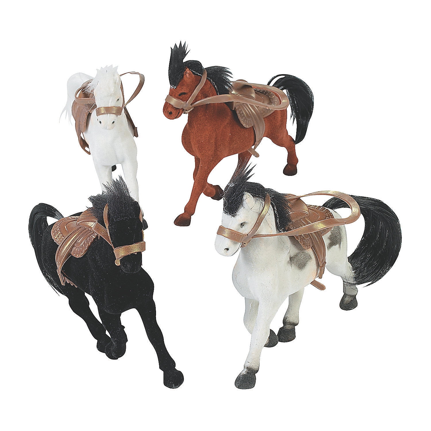 Set of 4 Multicolor Flocked Toy Horses with Saddles