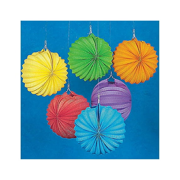 Fun Express Assorted Colors Solid Print Paper Party Lanterns & Hanging Pom Poms, 12 Count