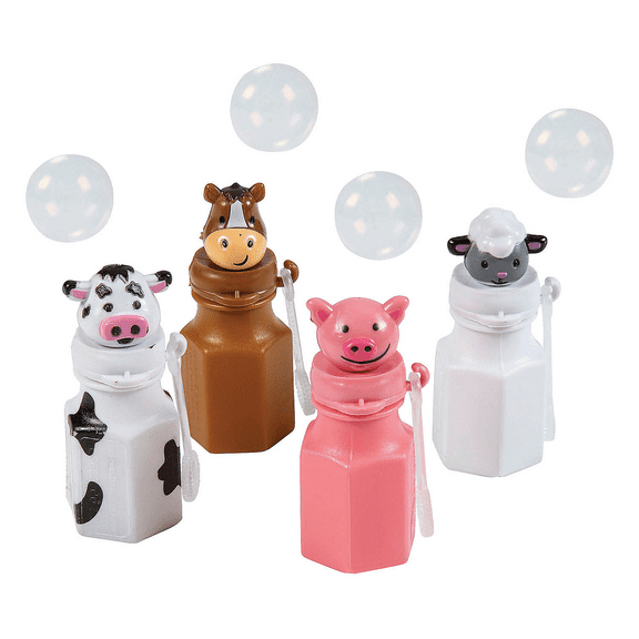 Fun Express Barnyard Bubble Bottles (Set of 12) Farm Animal Designs Include Horse, Sheep, Pig and Cow