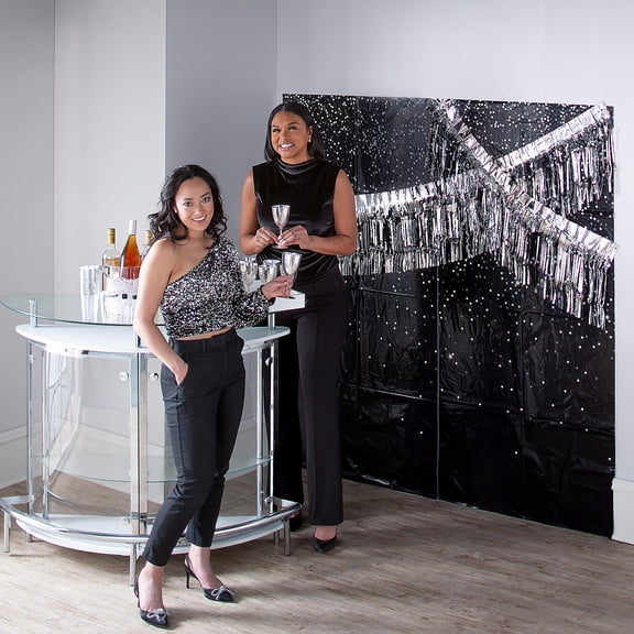 Fun Express Black & White Backdrop Banner with Silver Fringe - 2 Pieces