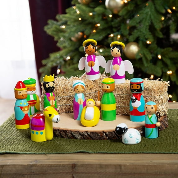 Fun Express Bright Nativity Tabletop Set - 12 Piece Multicolor Wood