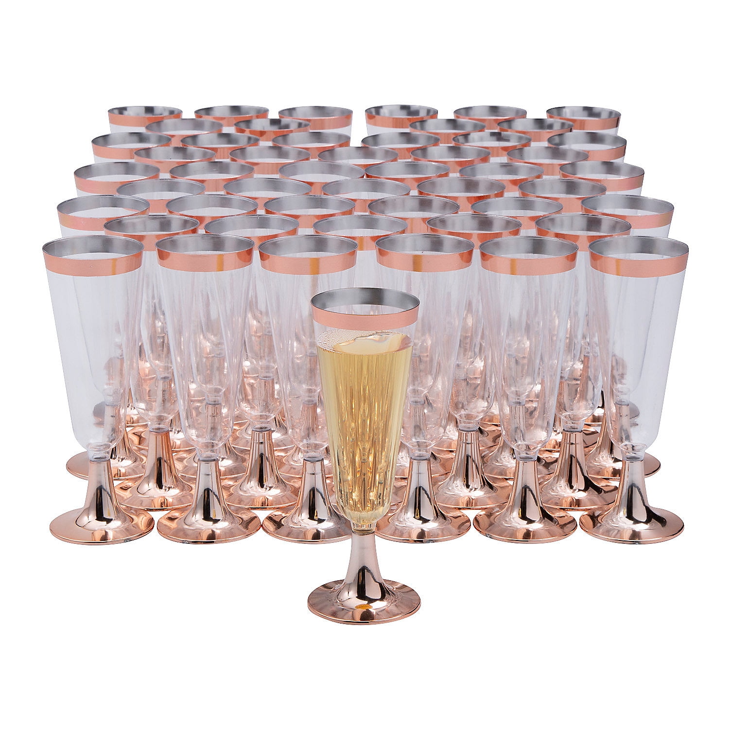 Fun Express Bulk 100 Pieces Clear Champagne Flutes with Rose Gold Trim