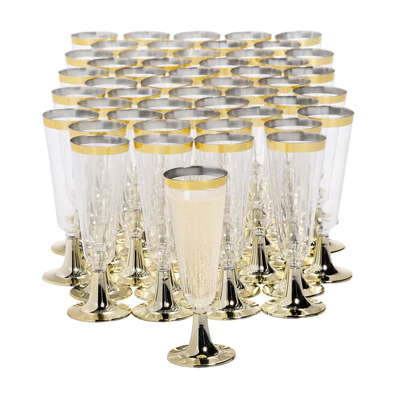 Fun Express Bulk 100 Pieces Clear Plastic Champagne Flutes with Gold Trim