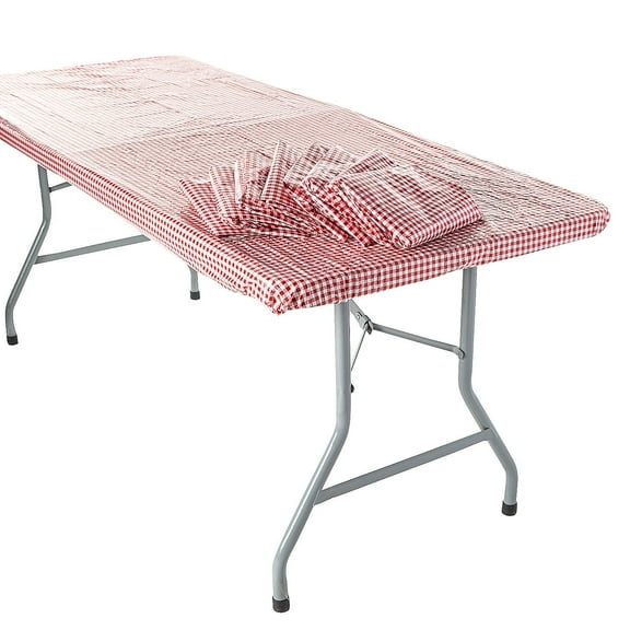 Fun Express Bulk 12 Pieces 6 Ft. Red Gingham Rectangle Fitted Plastic Tablecloths