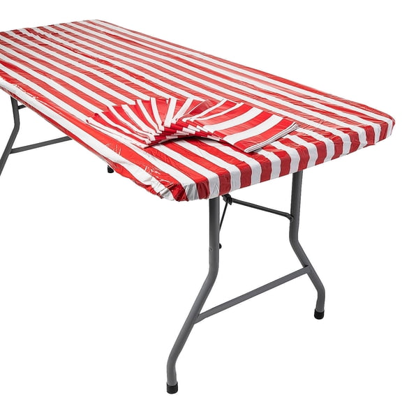 Fun Express Bulk 12 Pieces 8 Ft. Red & White Striped Rectangle Fitted Plastic Tablecloths