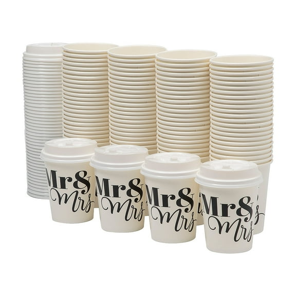 Fun Express Bulk 144 Count Mr. & Mrs. Wedding Paper Coffee Cups with Lids