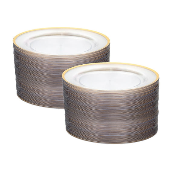 Fun Express Bulk 200 Pieces Premium Clear Plastic Dinner Plates with Gold Trim