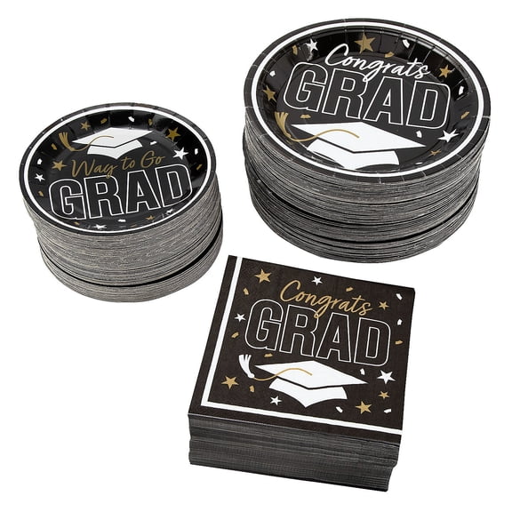 Fun Express Bulk 300 Pieces Black Congrats Grad Graduation Party Disposable Tableware Kit for 100 Guests