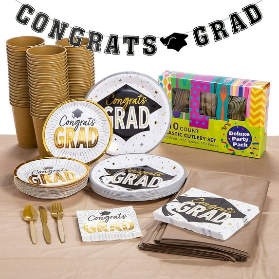 Fun Express Bulk 477 Pieces Gold Congrats Graduation Tableware Kit for 50 Guests