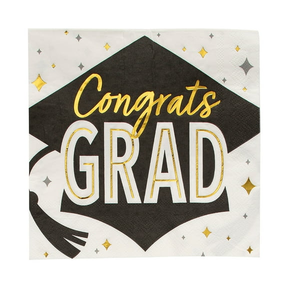 Fun Express Bulk 50 Pc. Black & Gold Graduation Party Congrats Grad Luncheon Napkins