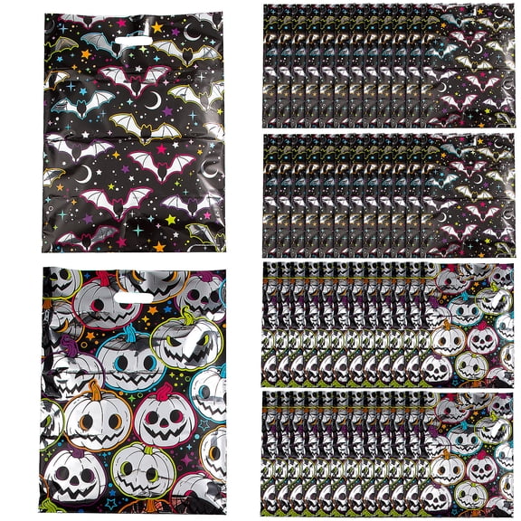 Fun Express Bulk 50 Pieces Neon Metallic Bats or Pumpkins Plastic Trick-or-Treat Bags