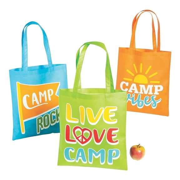 Fun Express Camp Tote Bags - Durable and Reusable Favor Bags for Outdoor Adventures Parties Gifts & More - Perfect for Camping Picnics and Outdoor Events - Practical and Colorful Design - 12 Pieces