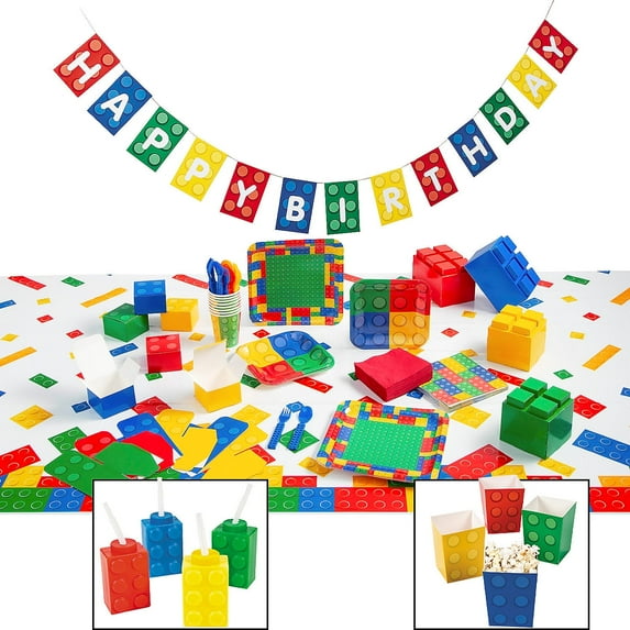 Fun Express Color Brick Party Ultimate Disposable Tableware Kit for 8 Guests - 156 Pc