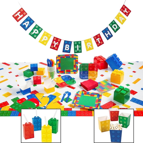 Fun Express Color Brick Party Ultimate Disposable Tableware Kit for 8 Guests - 156 Pc