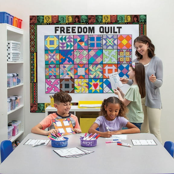 Fun Express Color Your Own Black History Month Freedom Quilt Bulletin Board Decorating Kit - 60 Pieces