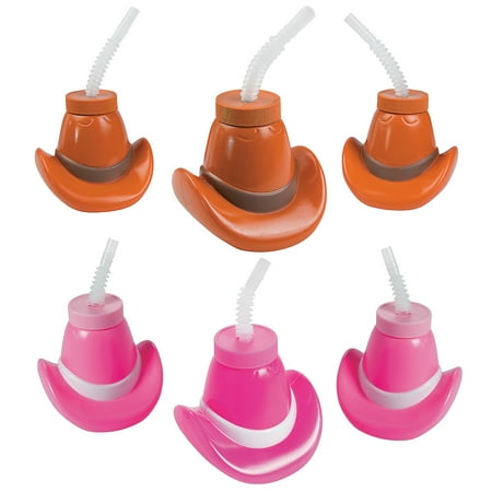 Fun Express Cowboy & Cowgirl Hat Plastic Cups with Lids & Straws 24 Count