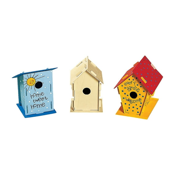Fun Express DIY Unfinished Wood Birdhouses Craft Kit - Ideal for Creative Camp Projects Spring Crafts Personalized DIY Gifts - Perfect for Kids Adults & Group Activities - Easy to Assemble - 12 Piece