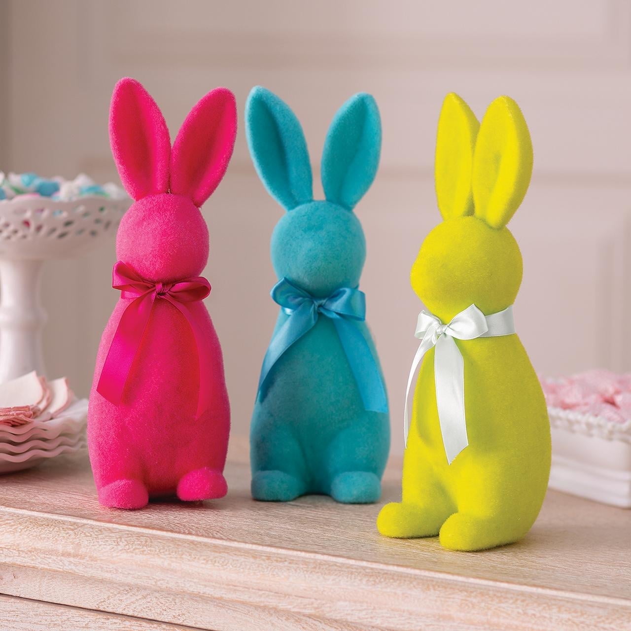 Fun Express Easter Tabletop Flocked Bunny Decorations, Set of 3