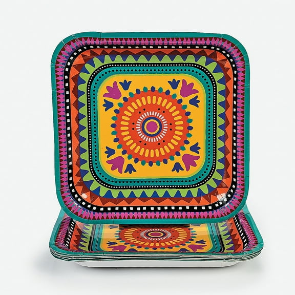 Fun Express - Fiesta Square Dinner Plate for Cinco de Mayo - Party Supplies - Print Tableware - Print Plates & Bowls - Cinco de Mayo - 8 Pieces