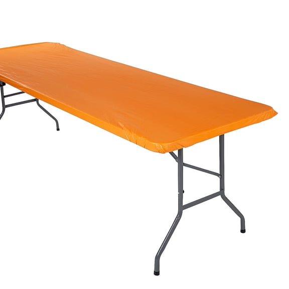 Fun Express Fitted Rectangle Plastic Tablecloth Orange, 8 Ft
