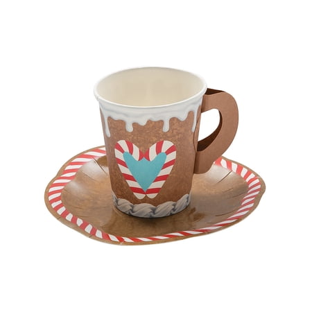 Fun Express Frosted Gingerbread Paper Cups with Handle & Saucer - 8 Pc