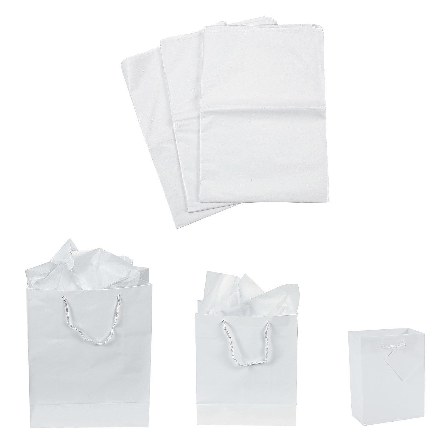 Fun Express Gift Bags & Tissue Paper Kit Small, Medium & Large White
