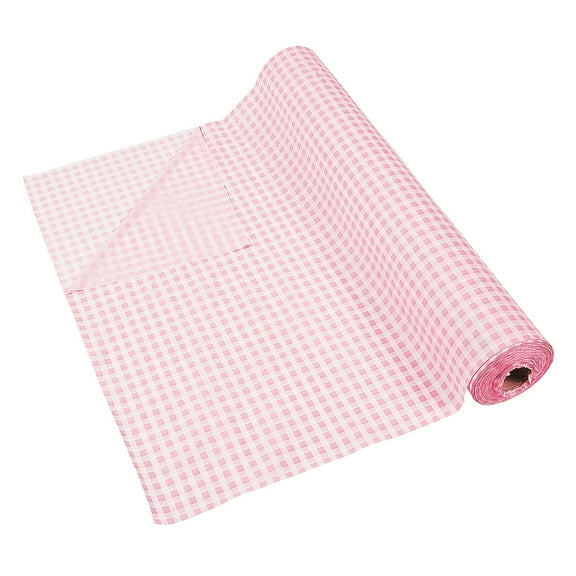 Fun Express Gingham Tablecloth Roll Disposable 40" x 100' Rustic Pink Checkered Plastic Tablecloths