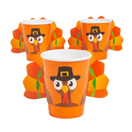 Fun Express Gobble Gobble Party Pilgrim Turkey Orange Paper Cups with Sleeves - 8 Pc