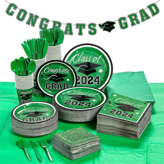 Fun Express Green 2024 Graduation Disposable Tableware Kit for 50 Guests - Bulk 467 Pc
